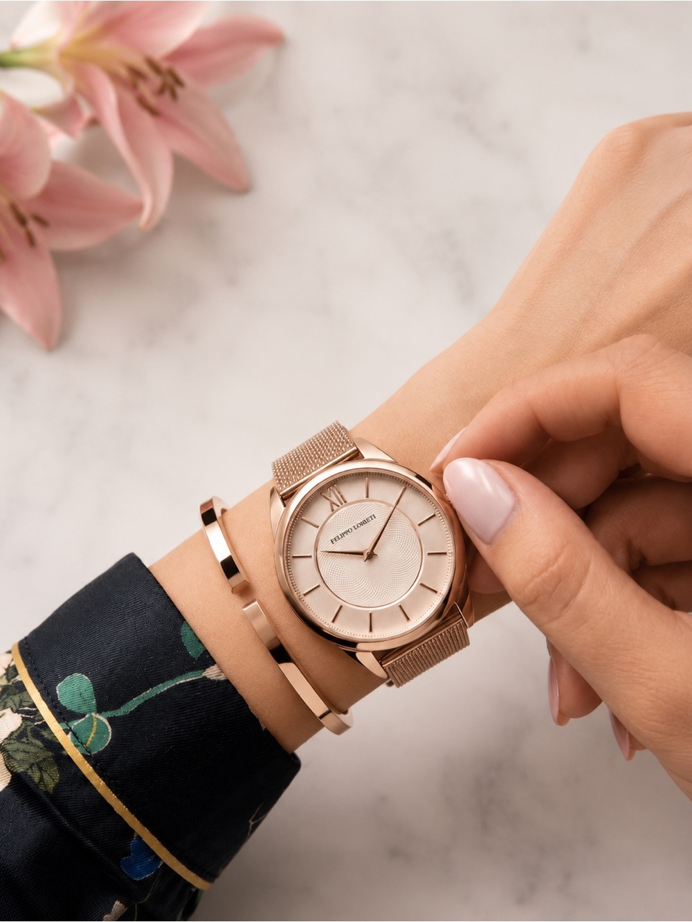 Filippo Loreti Rose Gold Mesh Watch Women’s Minimalist Luxury Dress Watch